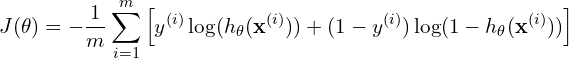 \[J(\theta) = -\frac{1}{m} \sum_{i=1}^m \left[ y^{(i)} \log(h_\theta(\mathbf{x}^{(i)})) + (1 - y^{(i)}) \log(1 - h_\theta(\mathbf{x}^{(i)})) \right]\]